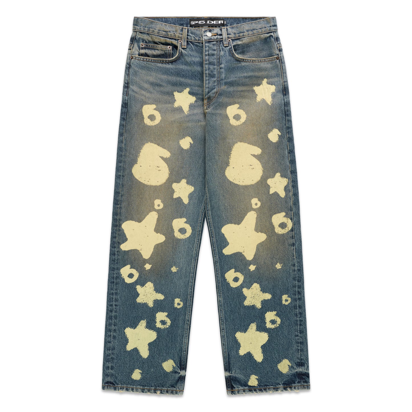 BELUGA STAMP DENIM blue jeans with yellow star and "6" stamp design, custom hardware, and straight leg fit.