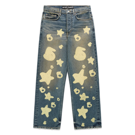 BELUGA STAMP DENIM blue jeans with yellow star and "6" stamp design, custom hardware, and straight leg fit.