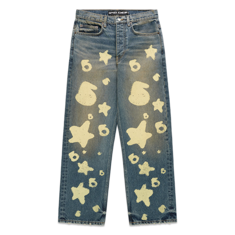 BELUGA STAMP DENIM blue jeans with yellow star and "6" stamp design, custom hardware, and straight leg fit.