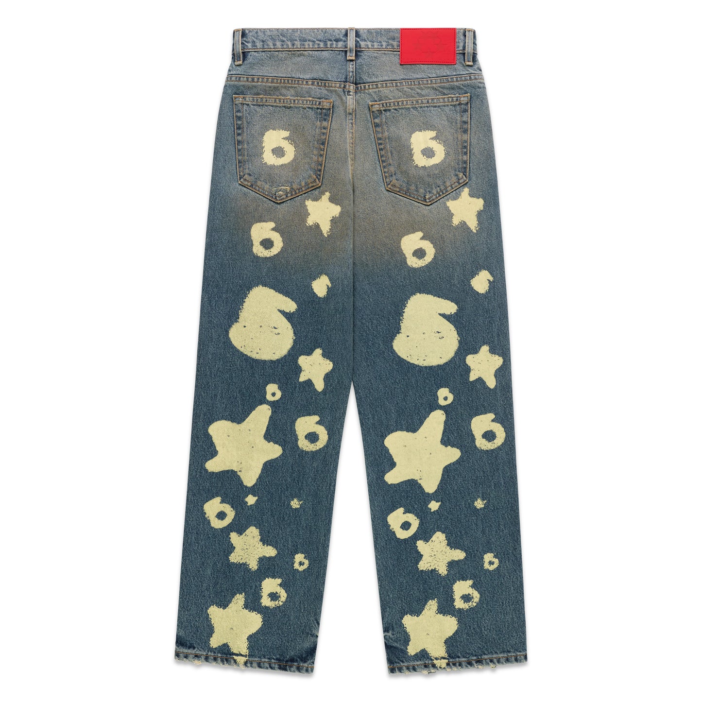 Blue denim pants with light yellow Beluga stamp and star designs, red leather back patch.