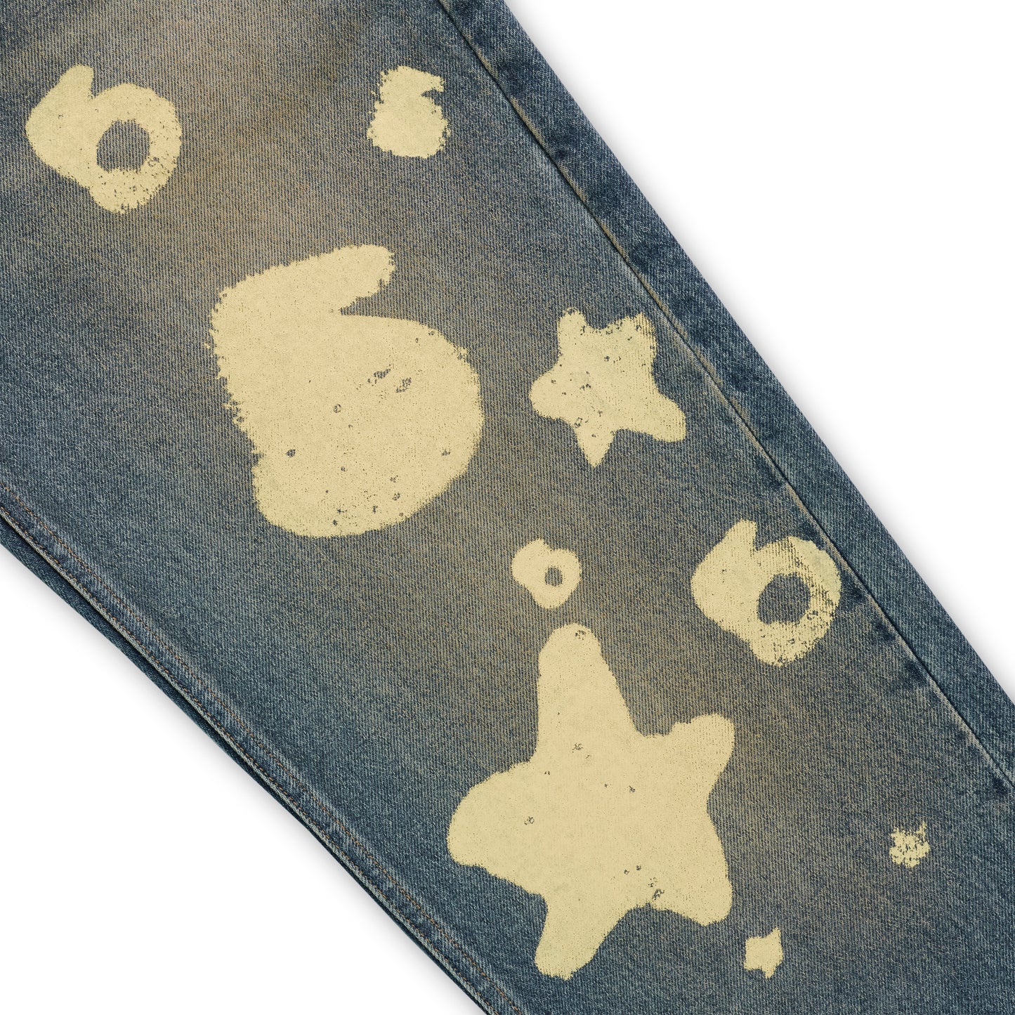 BELUGA STAMP DENIM blue jeans with unique light yellow stamp designs and a classic straight leg fit.