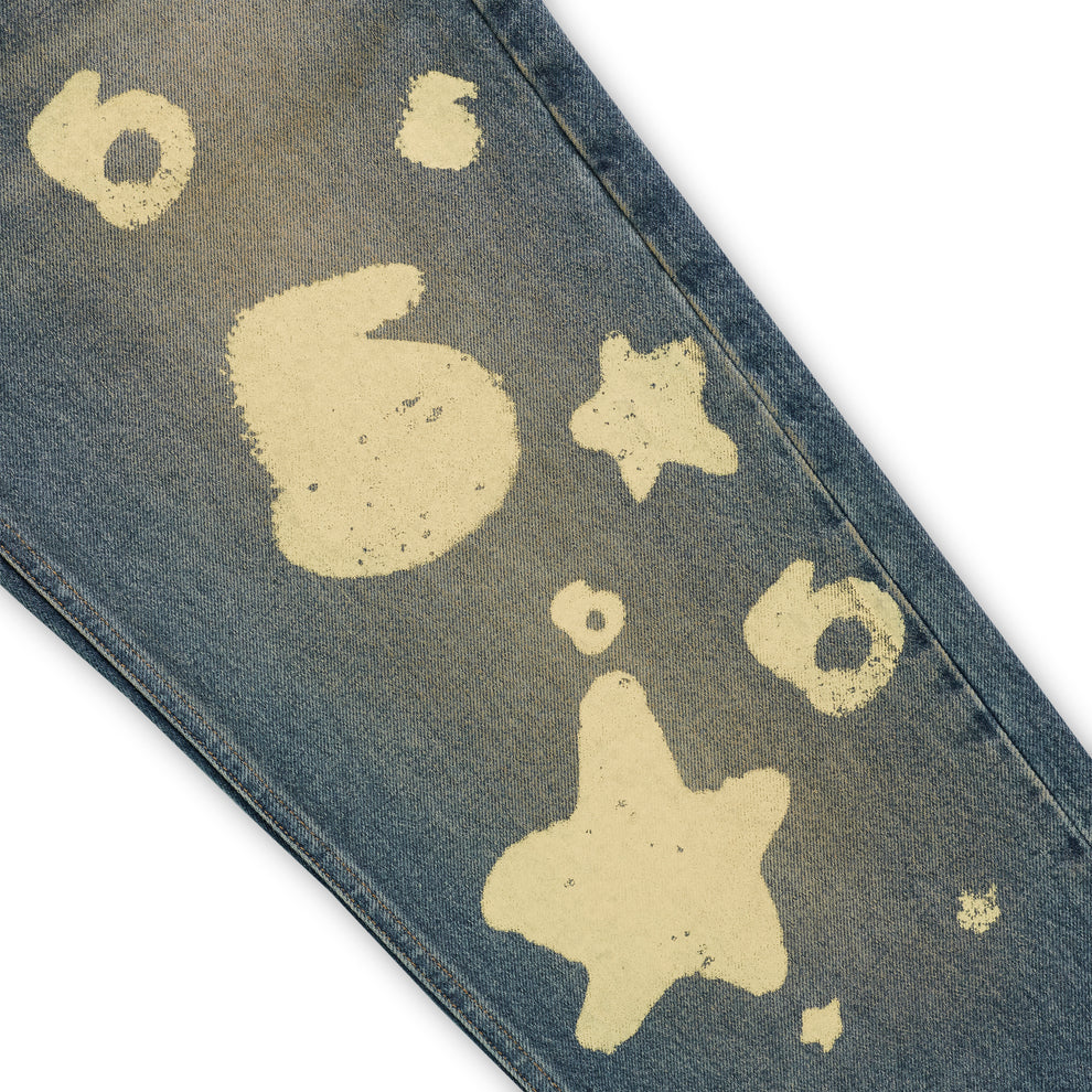 BELUGA STAMP DENIM blue jeans with unique light yellow stamp designs and a classic straight leg fit.