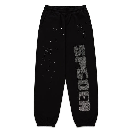 Black cotton fleece sweatpants with "SP5DER" in rhinestones on one leg and scattered rhinestones on the other.