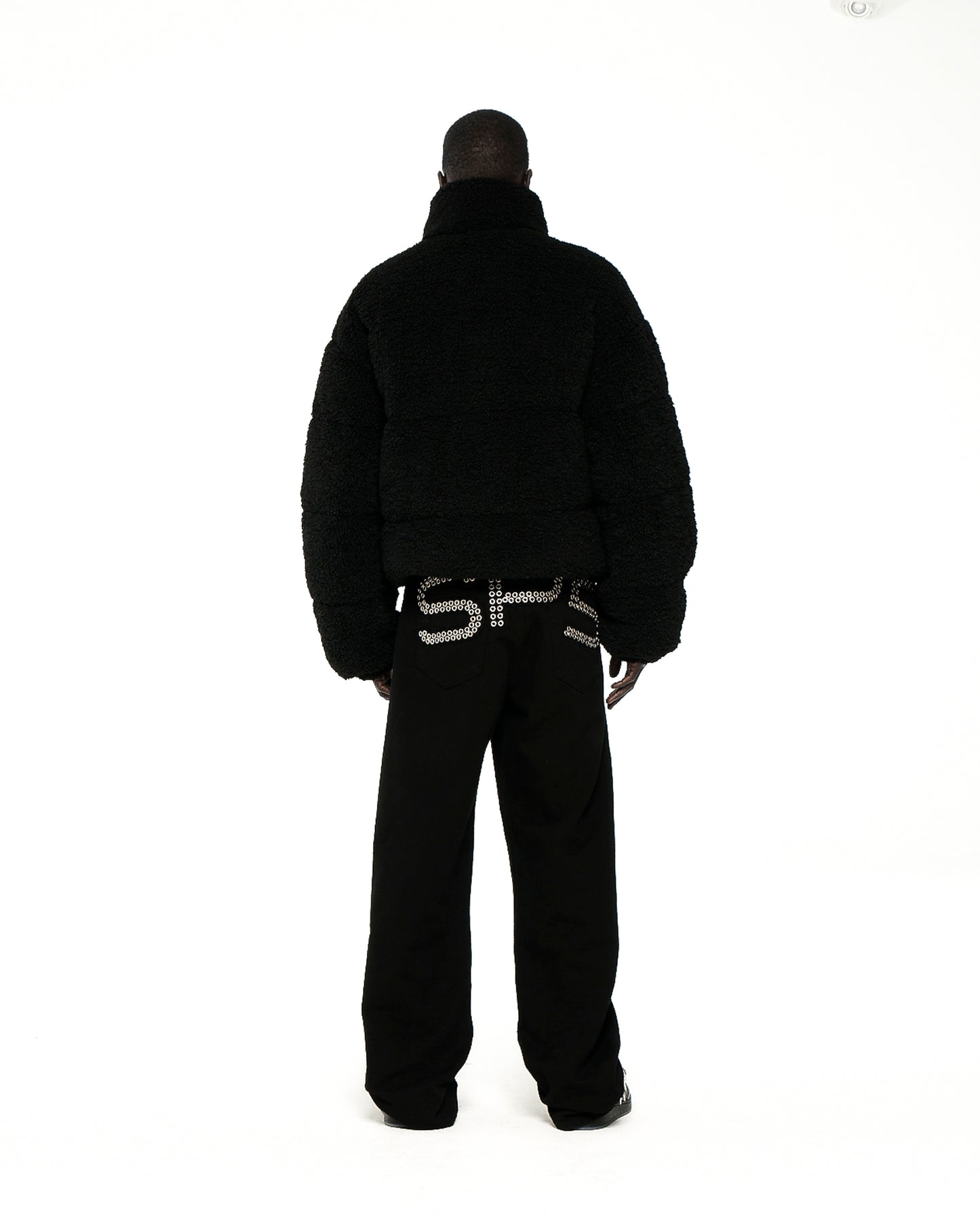 BLACK SHERPA PUFFER JACKET ON MODEL