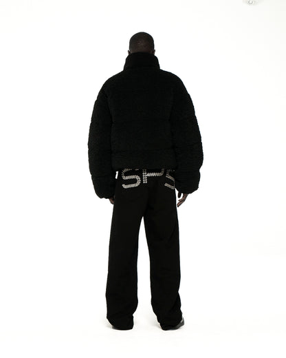 BLACK SHERPA PUFFER JACKET ON MODEL