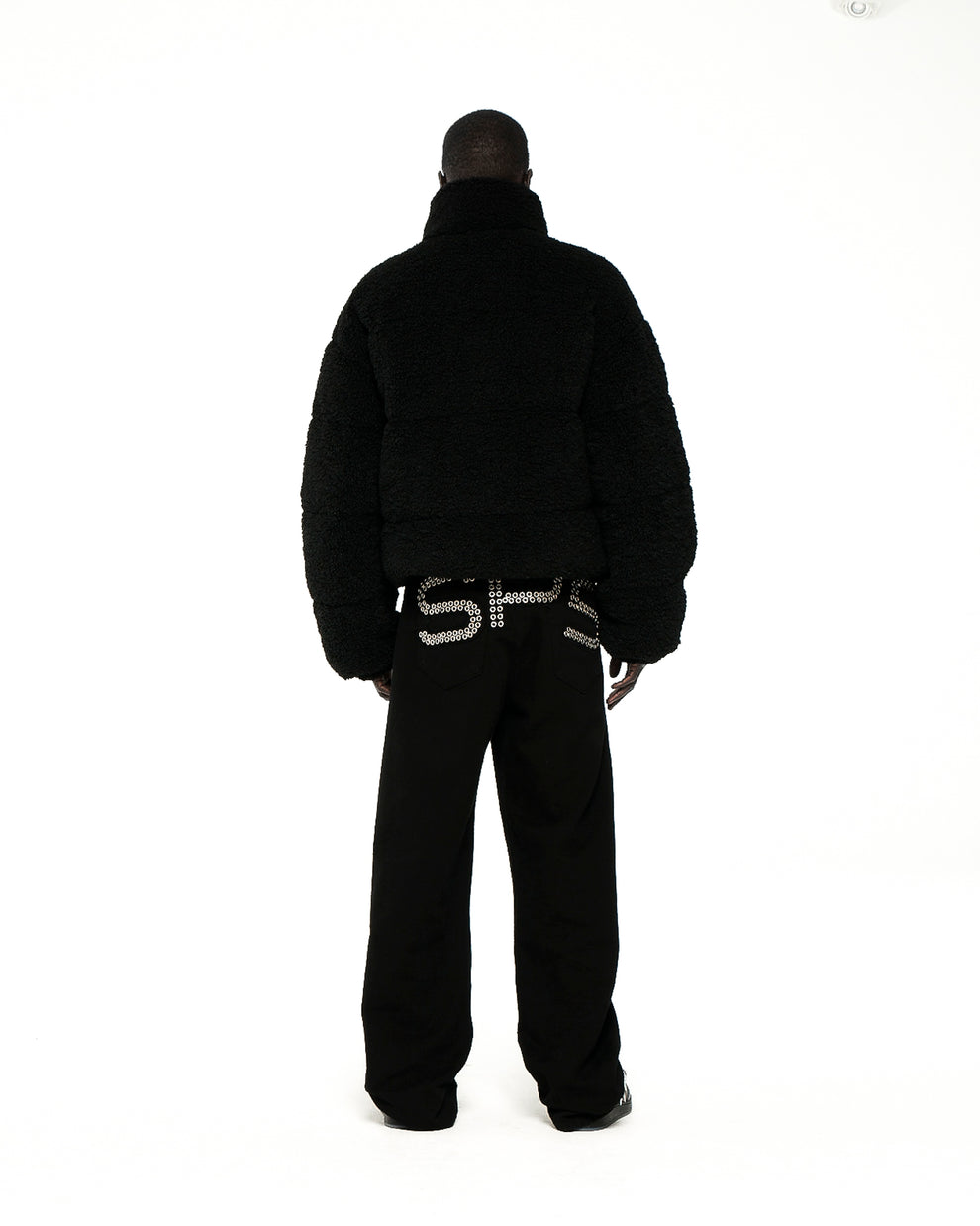 BLACK SHERPA PUFFER JACKET ON MODEL
