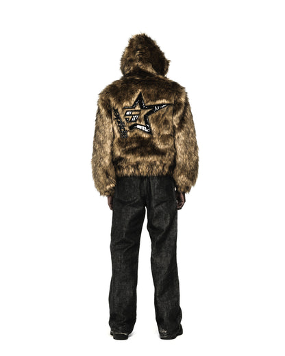 Brown faux fur hooded jacket with glossy patent leather star design on back.