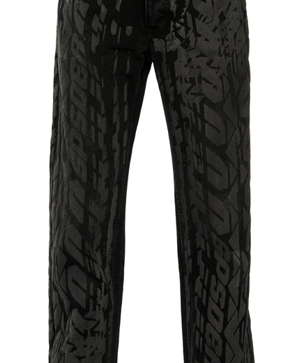 Black denim pants with all-over tire track design, classic straight leg fit.