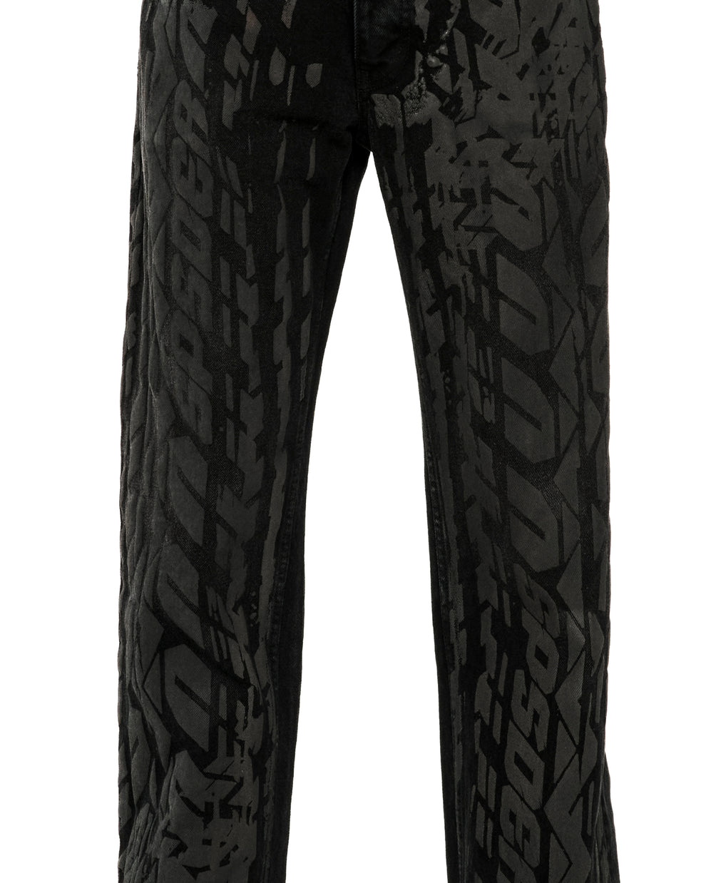 Black denim pants with all-over tire track design, classic straight leg fit.