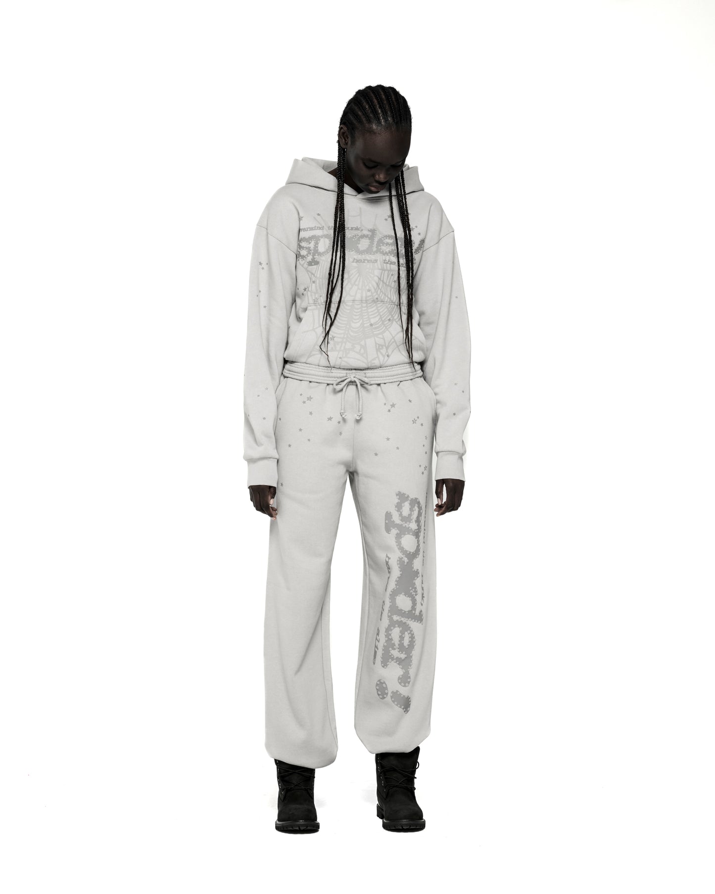 Light grey cotton fleece TONAL PUNK V2 hoodie and sweatpants set with spider web, "spider", and star prints.