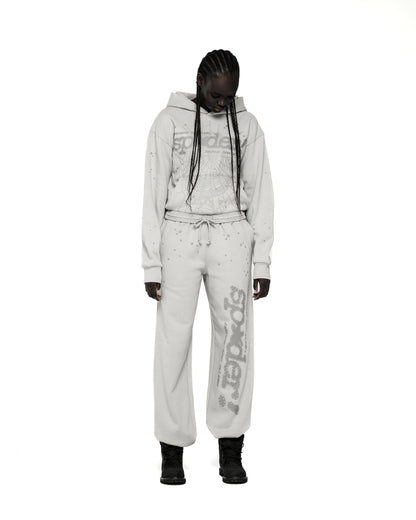 Light grey cotton fleece TONAL PUNK V2 hoodie and sweatpants set with spider web, "spider", and star prints.