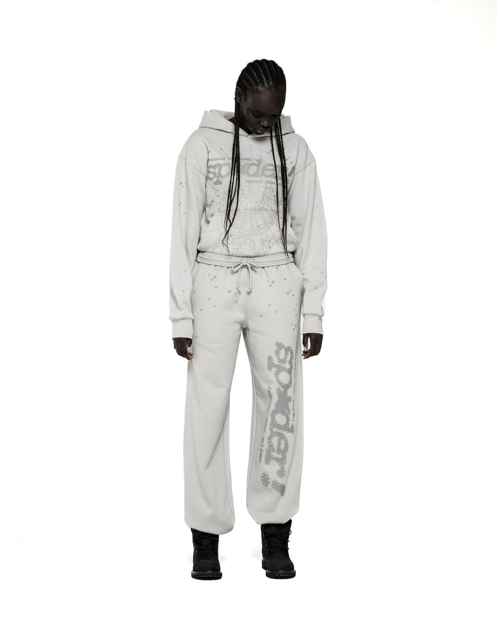 Light grey cotton fleece TONAL PUNK V2 hoodie and sweatpants set with spider web, "spider", and star prints.