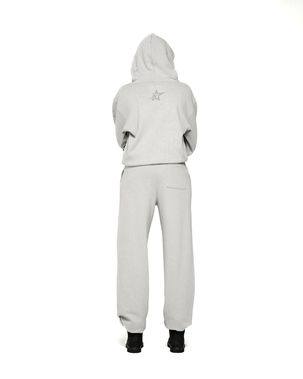 Light gray TONAL PUNK V2 hoodie and sweatpants set, 100% cotton fleece, with subtle star print.