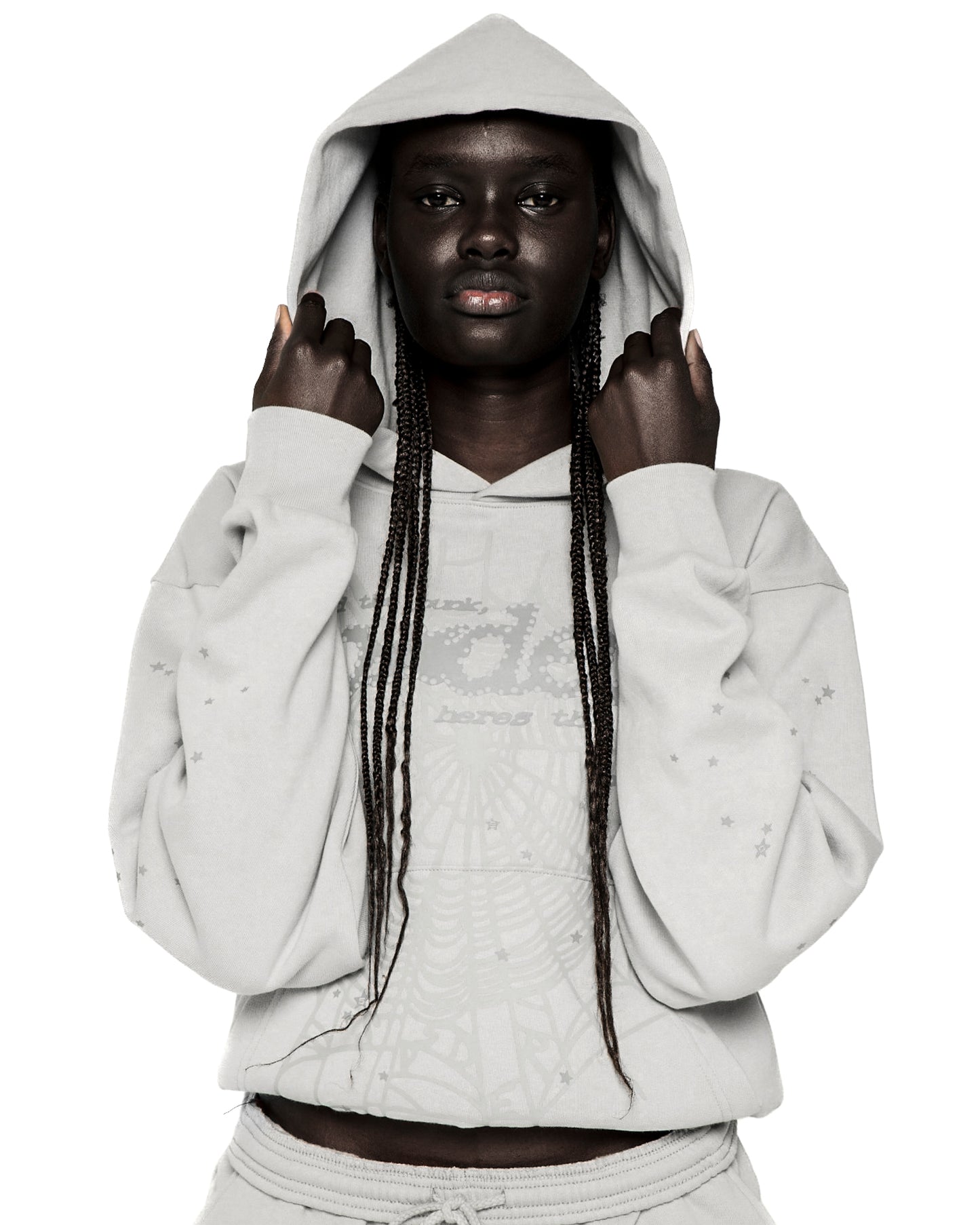 Gray TONAL PUNK V2 HOODIE with P*NK SP5DER motif, web, and scattered stars.