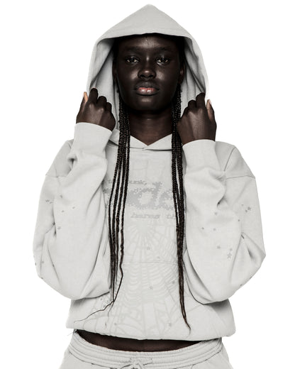 Gray TONAL PUNK V2 HOODIE with P*NK SP5DER motif, web, and scattered stars.