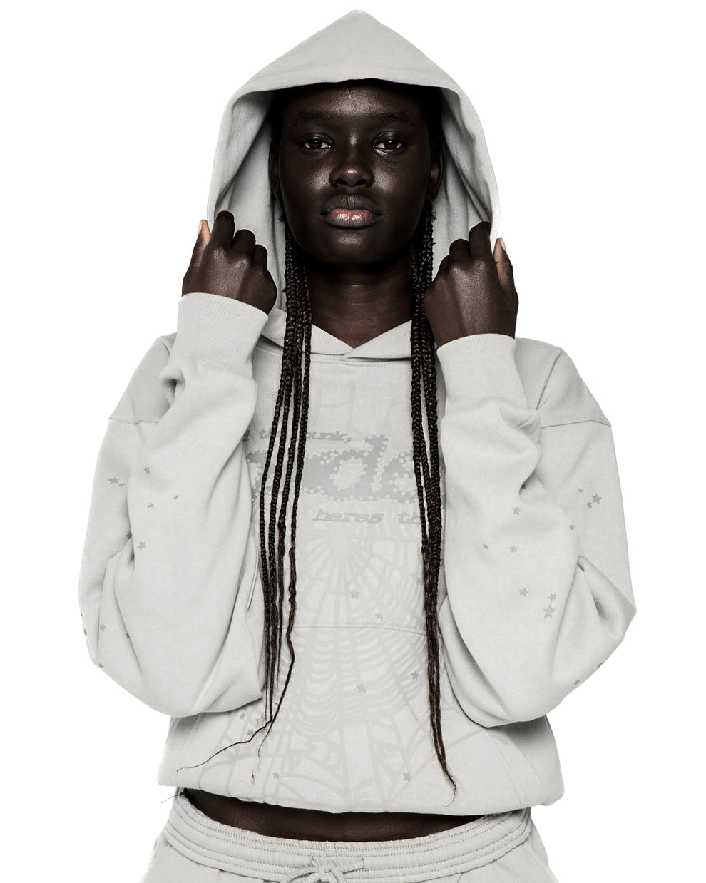 Gray TONAL PUNK V2 HOODIE with P*NK SP5DER motif, web, and scattered stars.