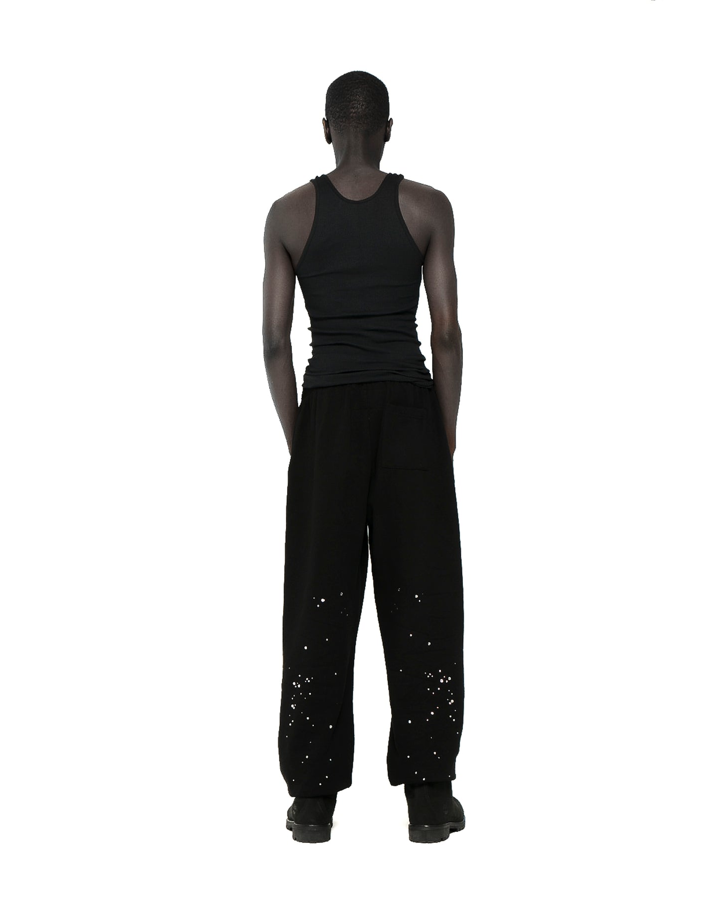 BLACK RHINESTONE SILK SWEATPANT ON MODEL