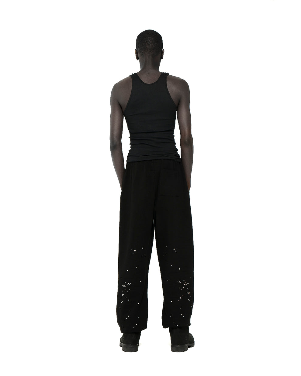 BLACK RHINESTONE SILK SWEATPANT ON MODEL