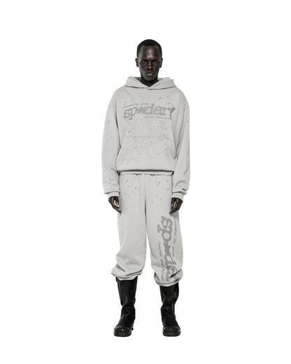 Light gray cotton fleece hoodie with "sp5der" text, web, and scattered stars.