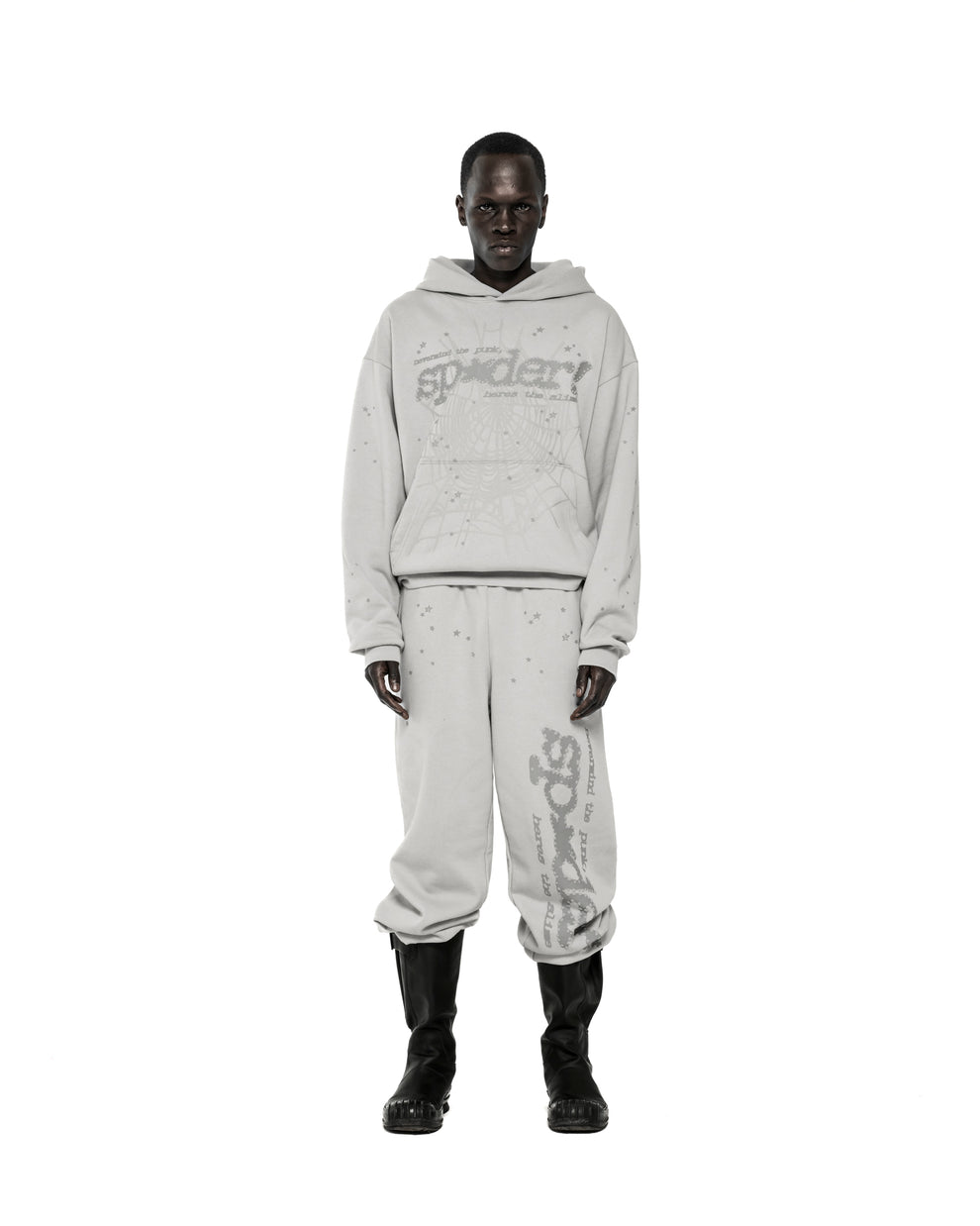 Light gray cotton fleece hoodie with "sp5der" text, web, and scattered stars.