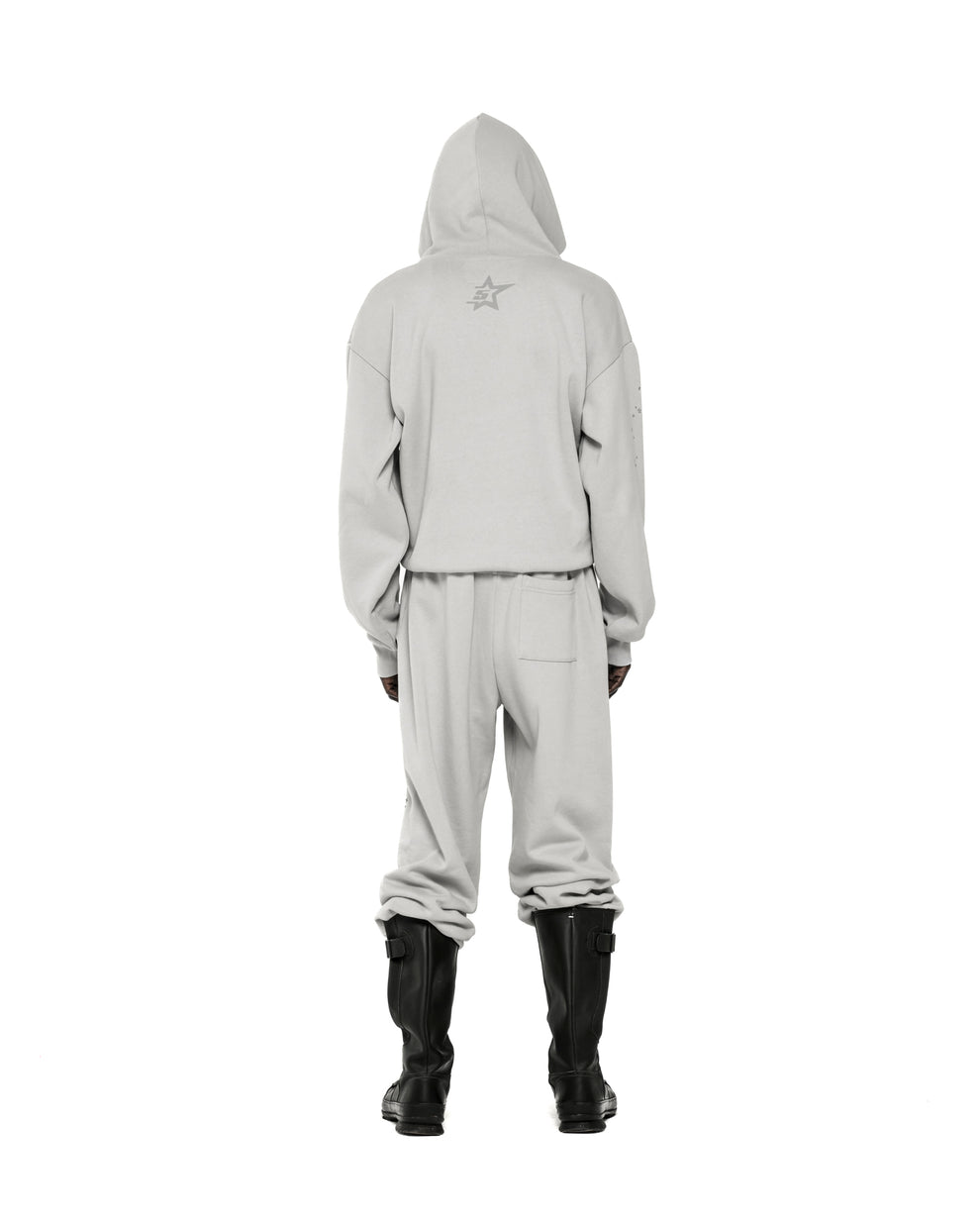 Light grey TONAL PUNK V2 hoodie and sweatpants with a subtle star motif on the back.