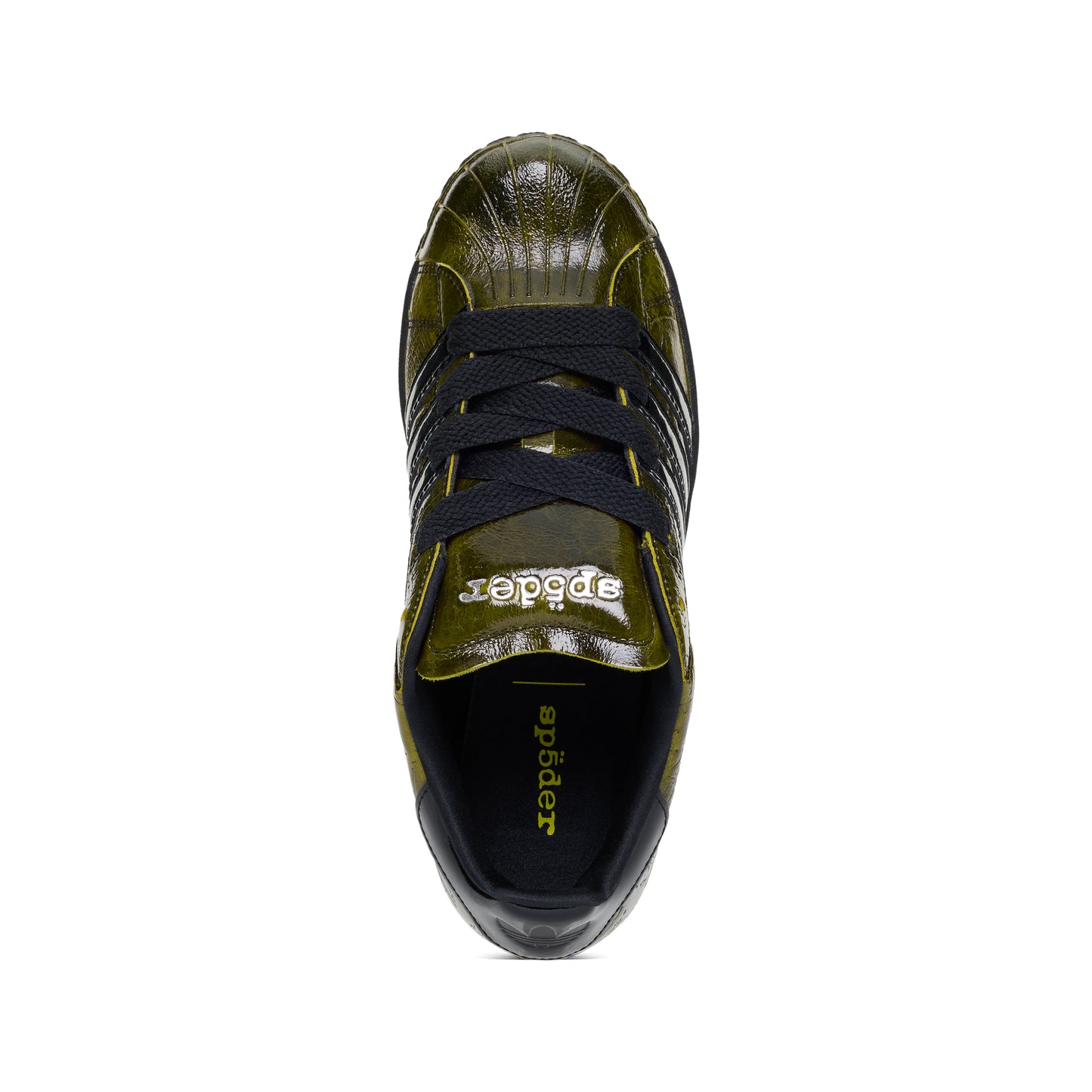 SP5DER x ADIDAS SUPERSTAR sneaker, top-down view. Glossy cracked olive patent leather, black laces, and "sp5der" branding.