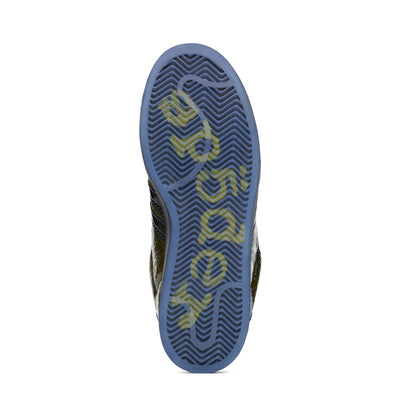 SP5DER x ADIDAS SUPERSTAR shoe sole with blue textured rubber and yellow graphic detailing.