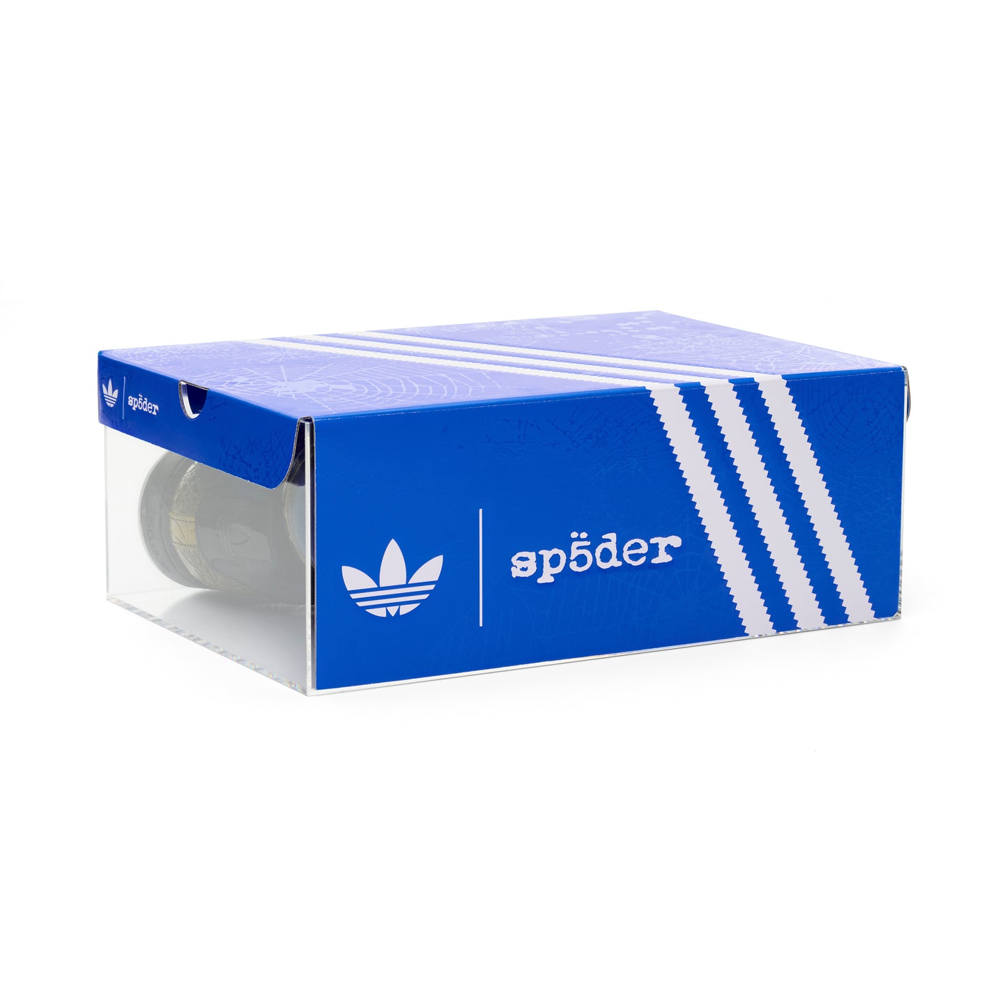 Blue SP5DER x ADIDAS SUPERSTAR shoebox with white stripes and logo, clear plastic front.