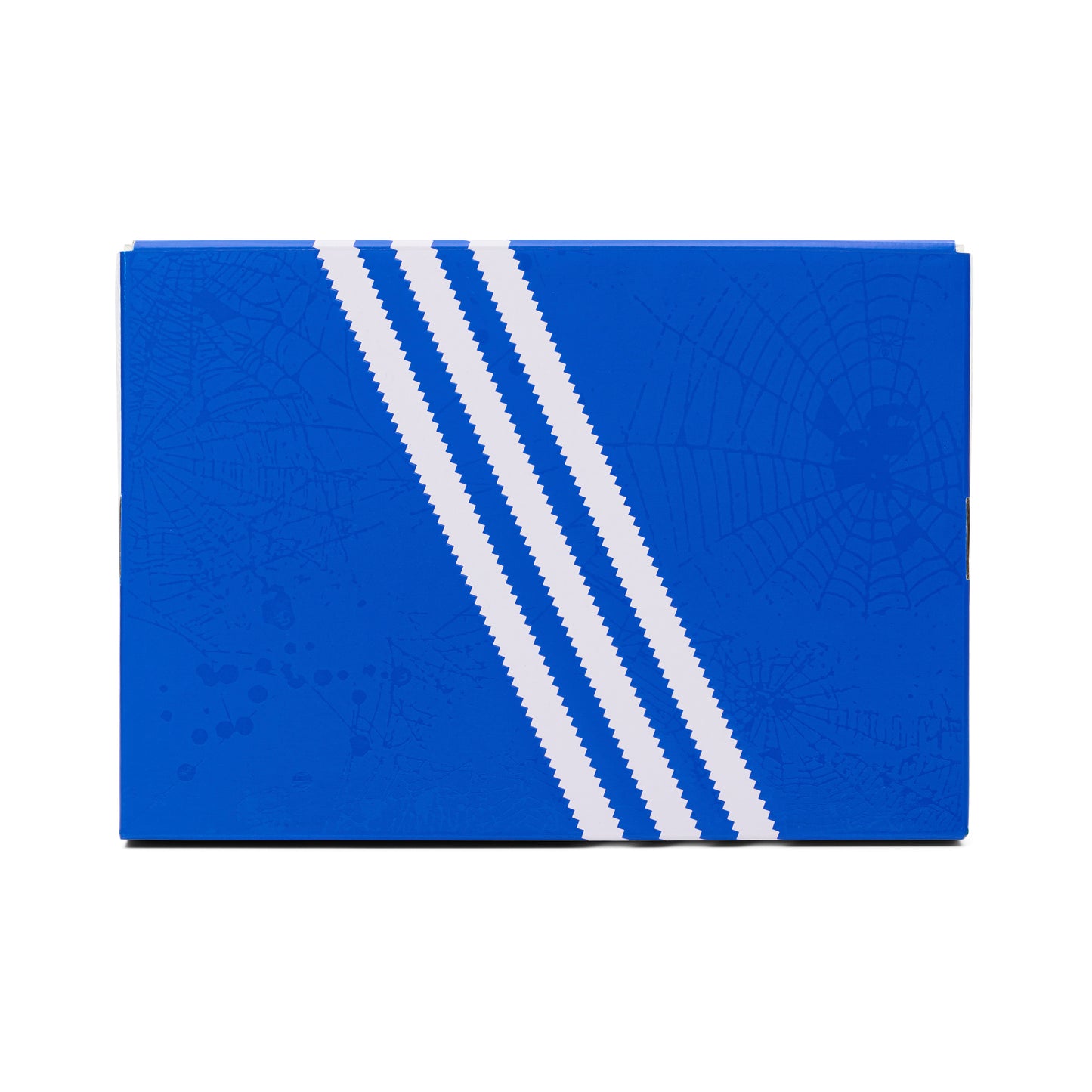 Blue SP5DER x ADIDAS SUPERSTAR shoebox with white stripes and subtle spiderweb graphics.
