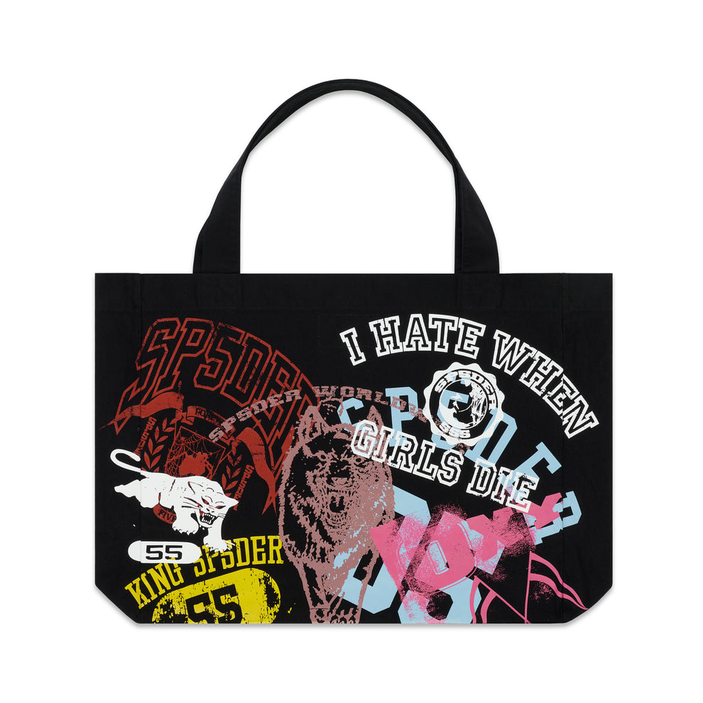 Black canvas tote bag with bold multi-color graphic prints, including text, a tiger, and abstract designs.