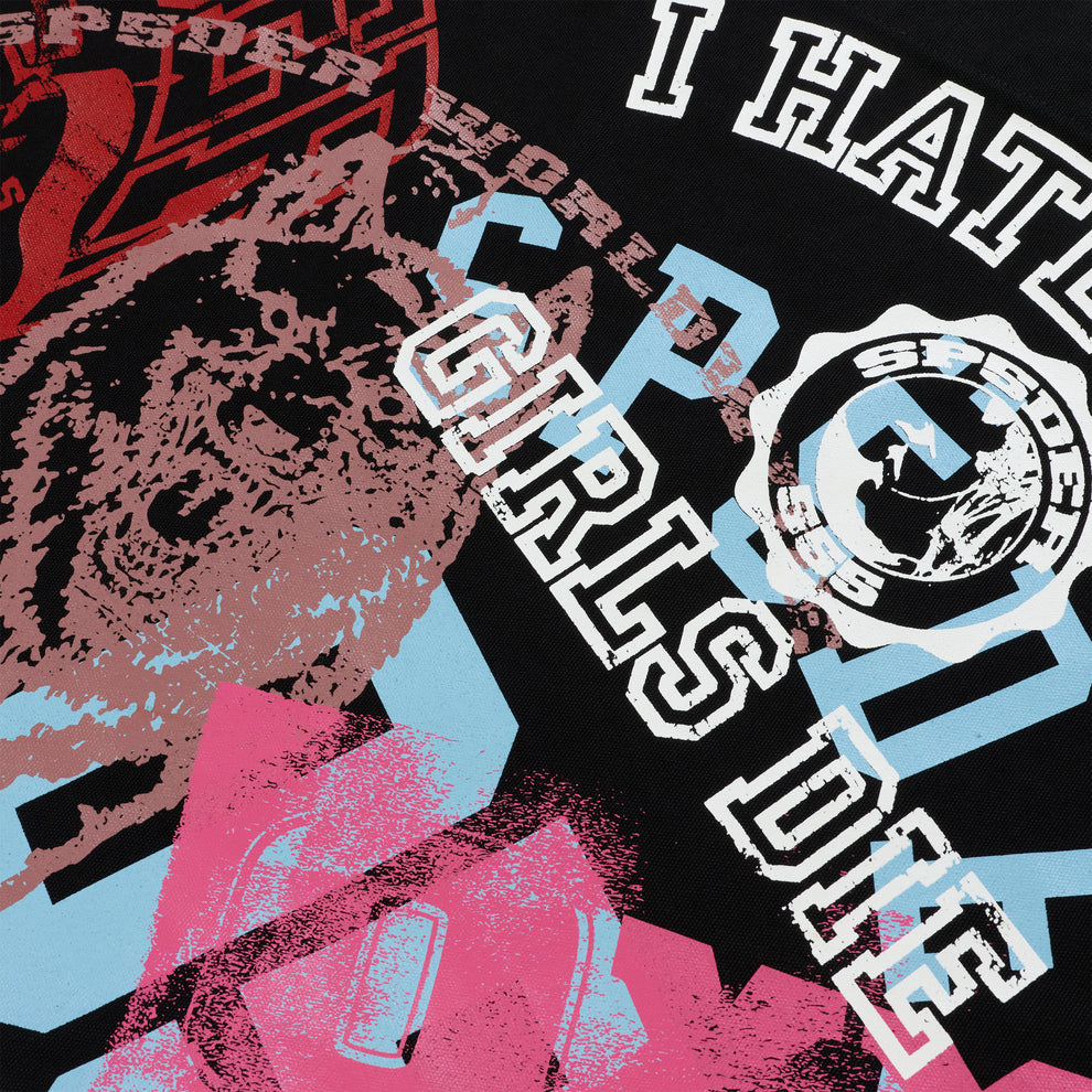 Black multi-print tote bag with "I HATE SPIDER GIRLS" text, pink, blue, and red graphic designs.
