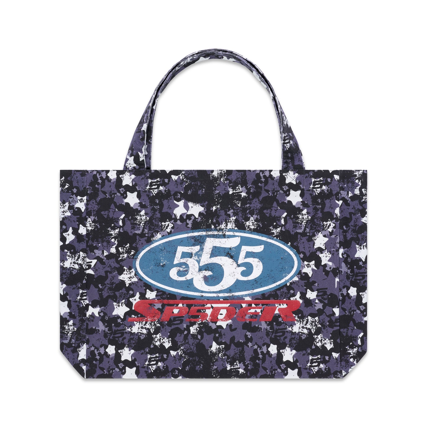 R5CING TOTE BAG: Dark star camo 8oz twill tote with "555" in a blue oval and "SPEEDER" in red.