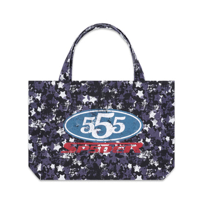 R5CING TOTE BAG: Dark star camo 8oz twill tote with "555" in a blue oval and "SPEEDER" in red.