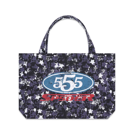 R5CING TOTE BAG: Dark star camo 8oz twill tote with "555" in a blue oval and "SPEEDER" in red.