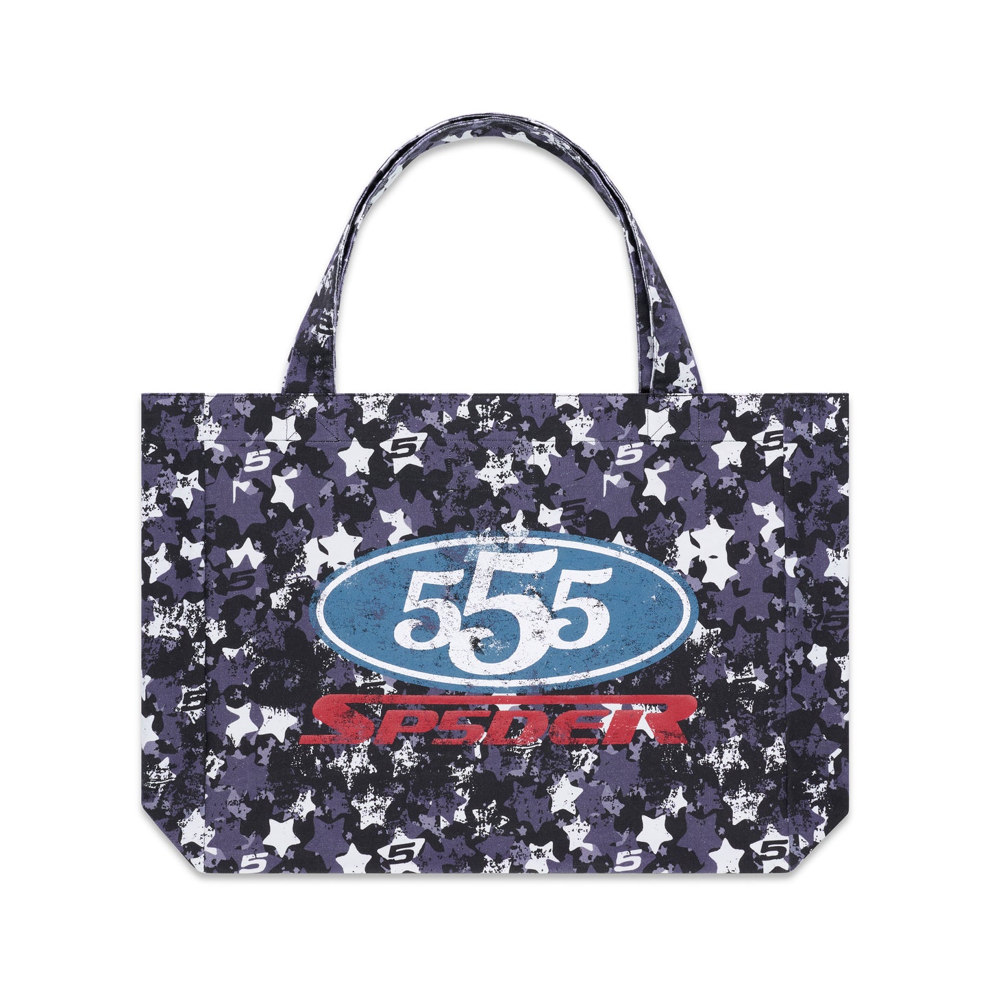 R5CING TOTE BAG: Purple 8oz brushed twill tote with star camo print and "555" graphic.