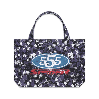 R5CING TOTE BAG: Purple 8oz brushed twill tote with star camo print and "555" graphic.