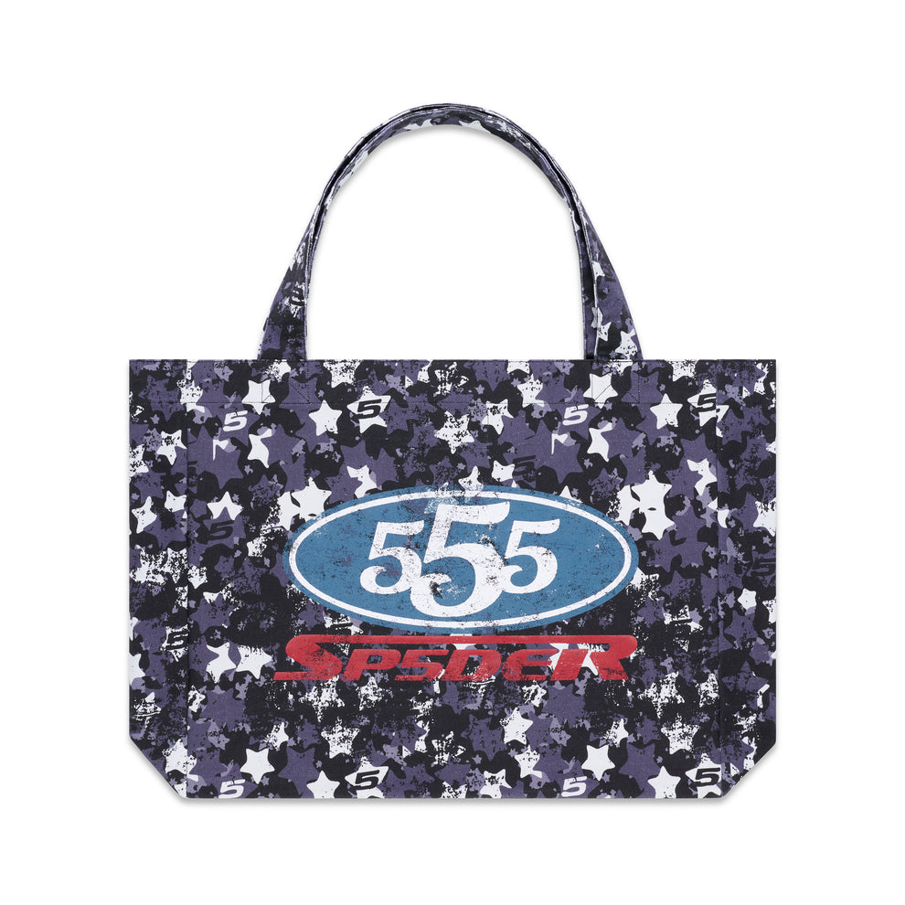 R5CING TOTE BAG: Purple 8oz brushed twill tote with star camo print and "555" graphic.