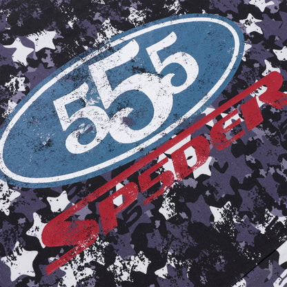 R5CING TOTE BAG: Black 8oz brushed twill with star camo print, blue "555" oval, and red "SPEEDER" graphic.