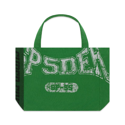 Green 8oz twill SUPERFIVE TOTE with distressed white SP5DER graphic and contrast side graphic.