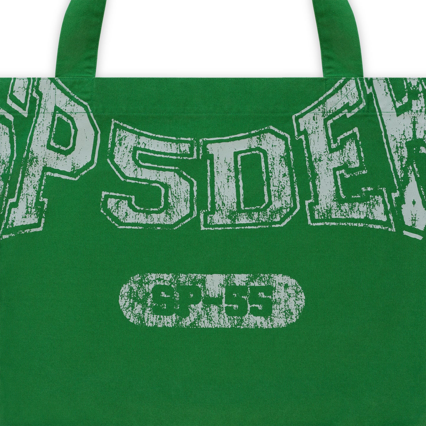 Green 8oz brushed twill SUPERFIVE TOTE with distressed white SP5DER graphic and SP-55 logo.