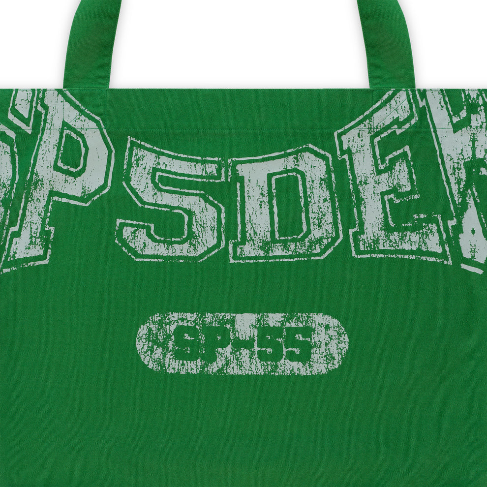 Green 8oz brushed twill SUPERFIVE TOTE with distressed white SP5DER graphic and SP-55 logo.