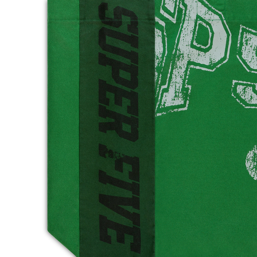 Green twill SUPERFIVE TOTE with "SUPER FIVE" side graphic and partial "SP5DER" front print.