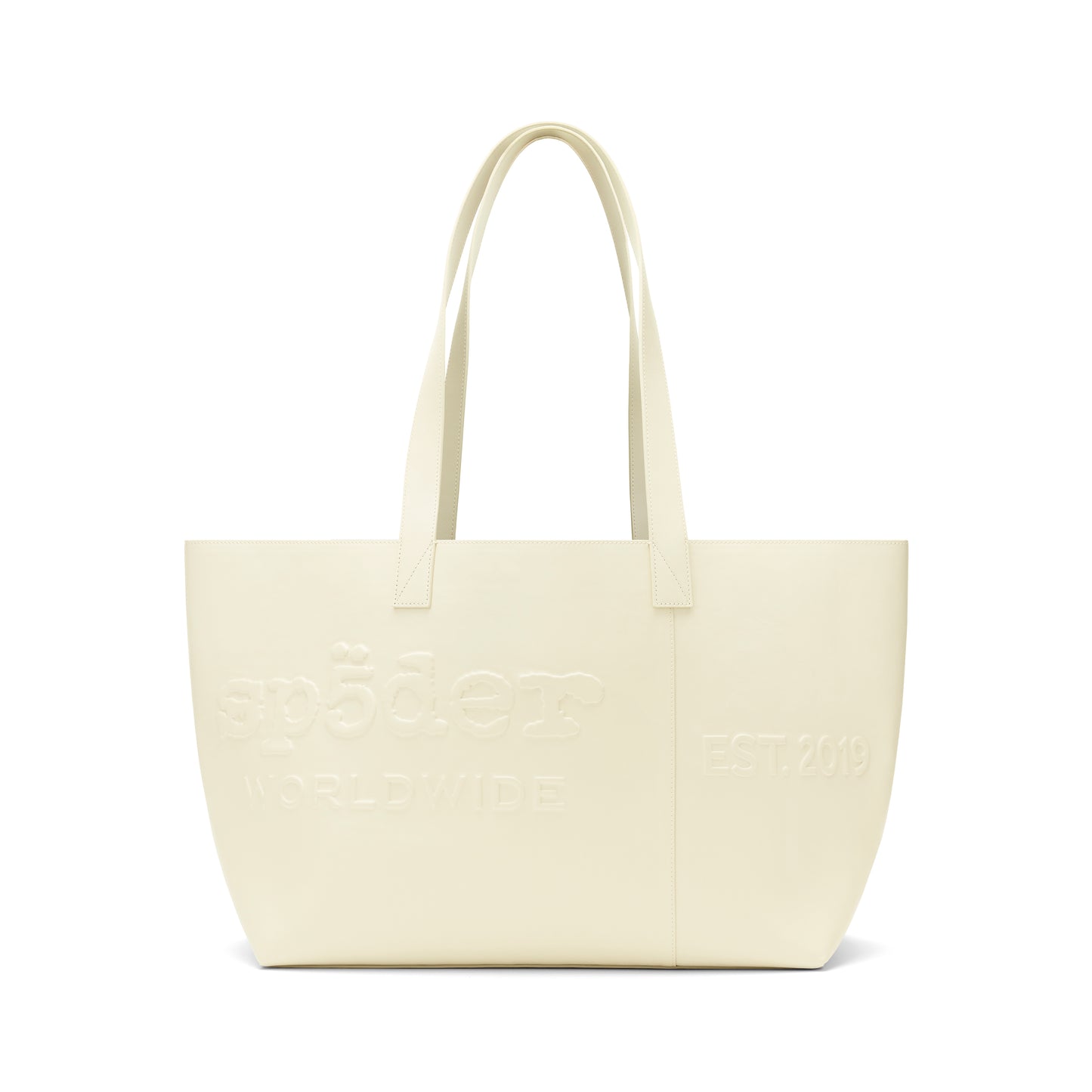 Ghost leather tote bag with embossed logo, "EST. 2019" detail, and dual shoulder straps.