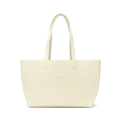 Ghost leather tote bag with embossed logo, "EST. 2019" detail, and dual shoulder straps.