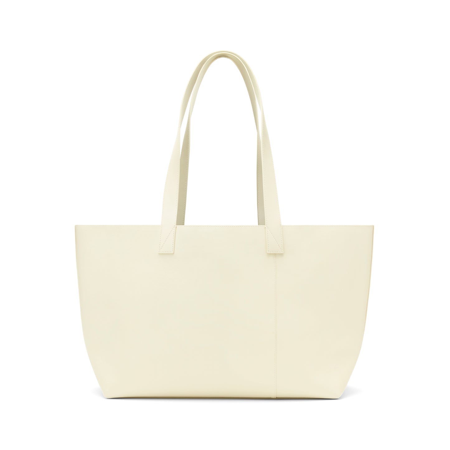 Cream genuine leather tote bag with embossed logo, dual shoulder straps, and structured silhouette.