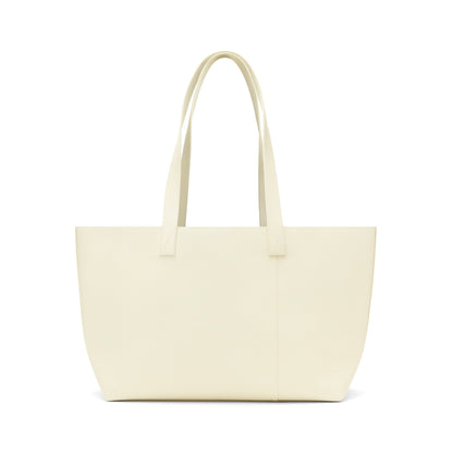 Cream genuine leather tote bag with embossed logo, dual shoulder straps, and structured silhouette.