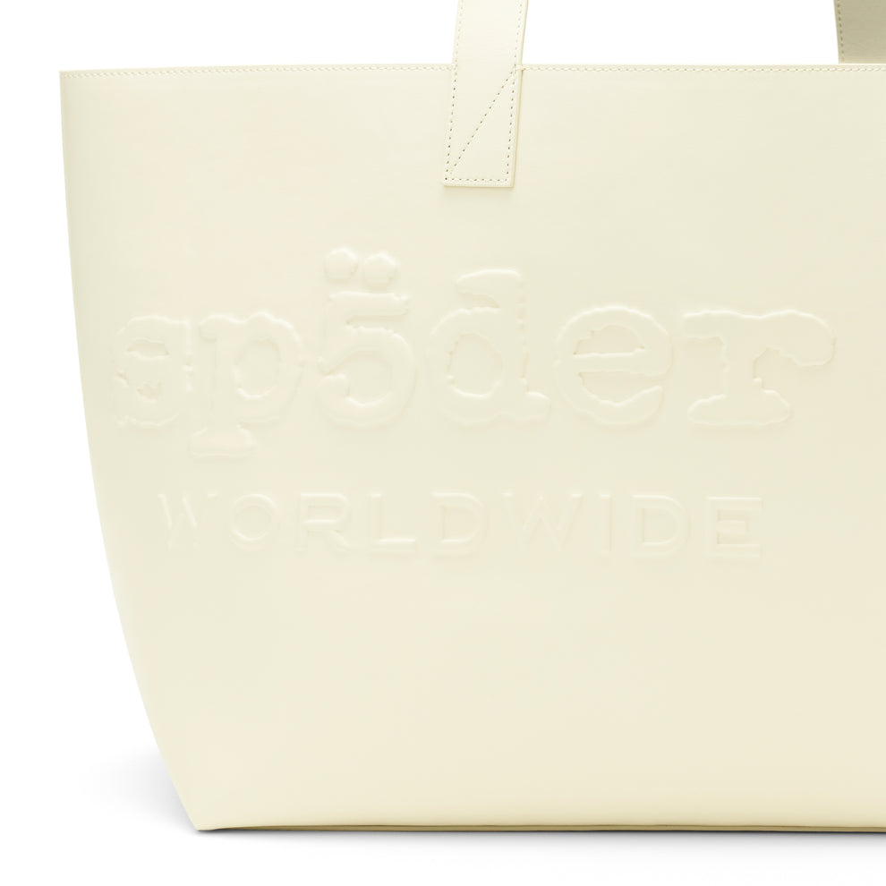 GHOST LEATHER TOTE BAG: Cream genuine leather tote with embossed tonal logo and dual shoulder straps.