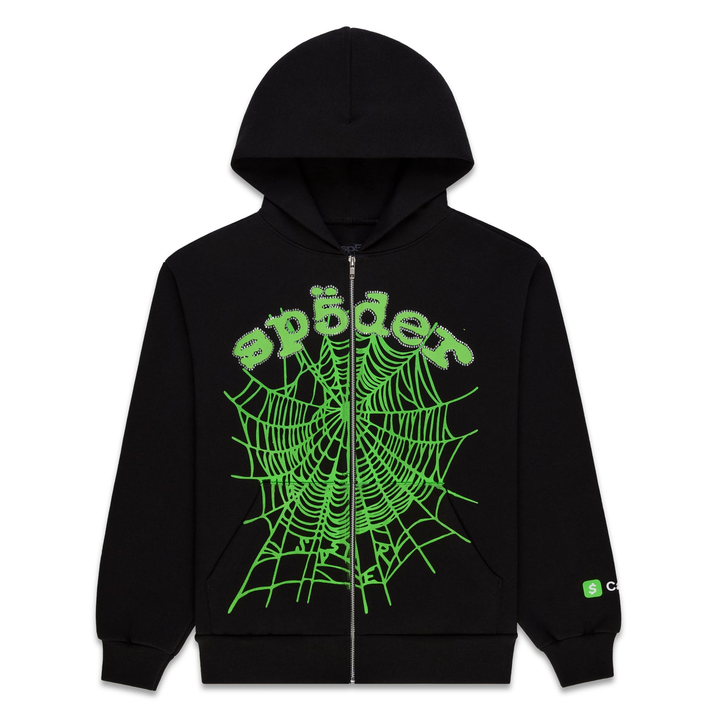 Black cotton fleece zip hoodie with green rhinestone spider web and Cash App logo.