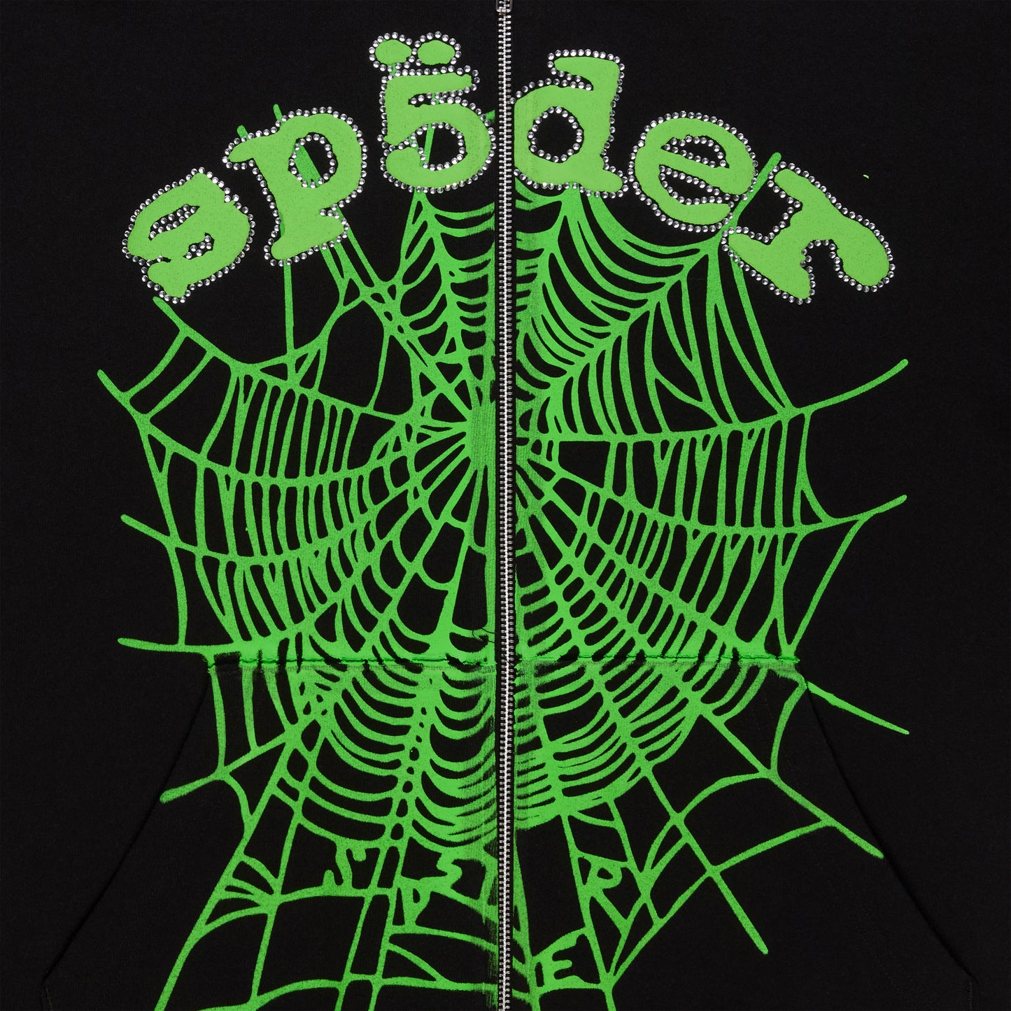 Black CA$H OG WEB V2 RHINESTONE ZIP HOODIE with green spider web and rhinestone "sp5der" logo.
