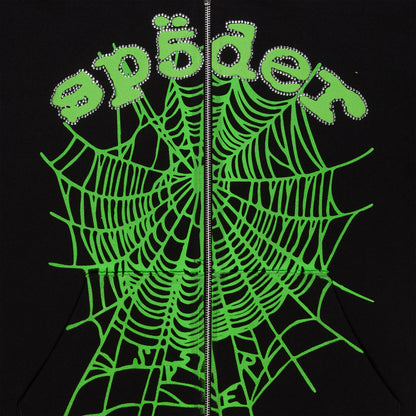 Black CA$H OG WEB V2 RHINESTONE ZIP HOODIE with green spider web and rhinestone "sp5der" logo.